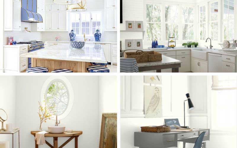 benjamin moore white dove painted walls in kitchen, living room, bathroom, and bedroom