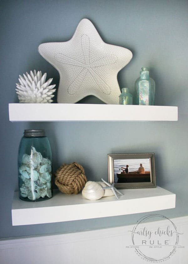 floating white bathroom shelves- by Artsy Chicks Rule