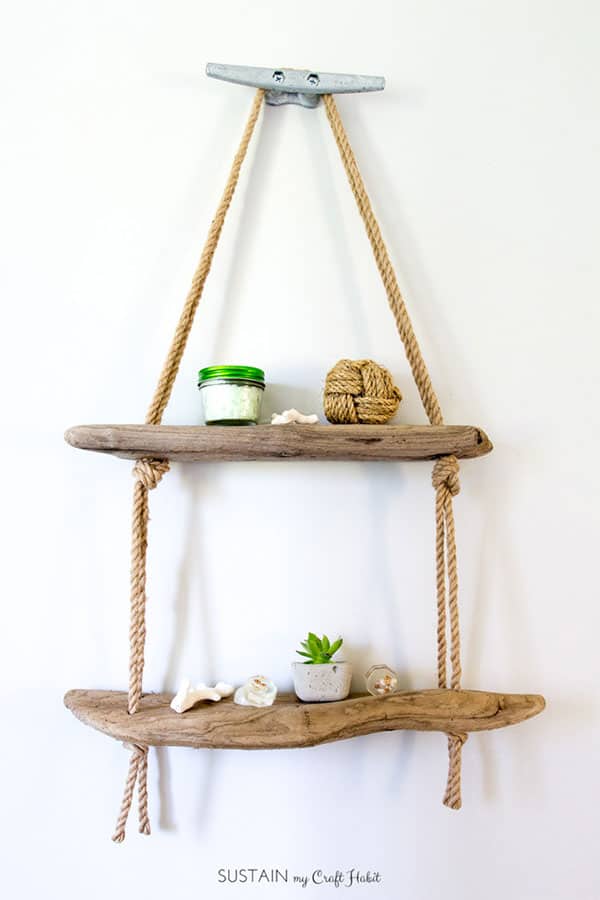 DIY hanging rope bathroom shelf with driftwood- great DIY bathroom shelf- by Sustaining My Craft Habit