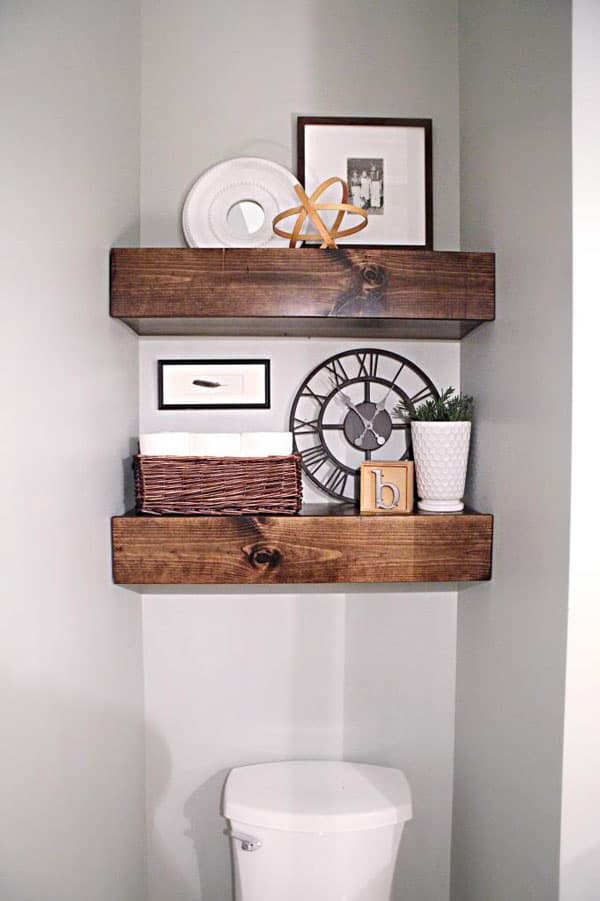 chunky wood DIY bathroom shelves over toilet by Bower Power Blog