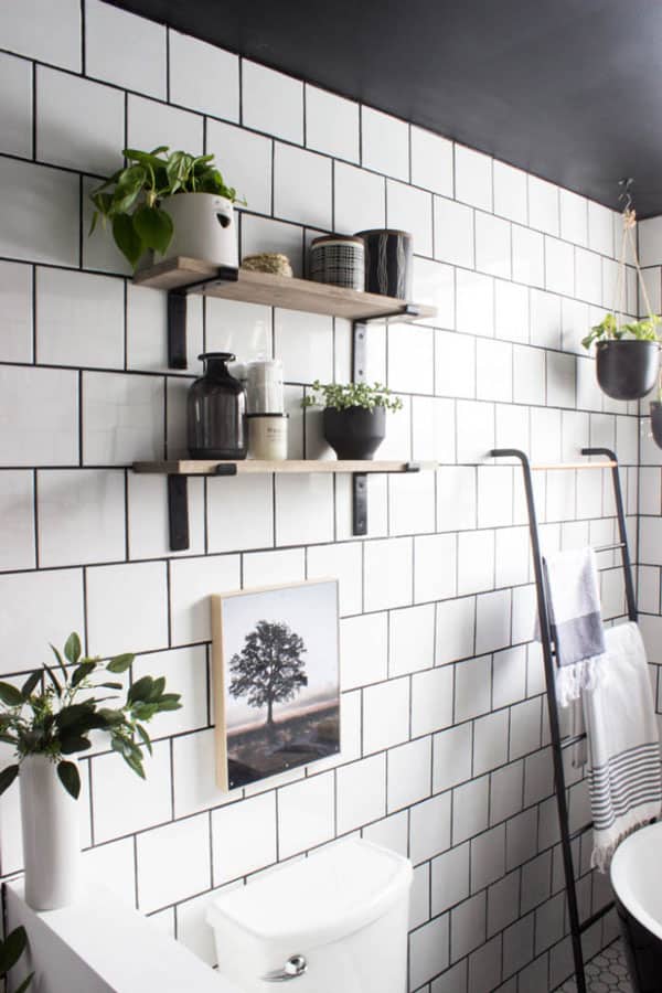 DIY bathroom shelves on tile wall by Love Create Celebrate