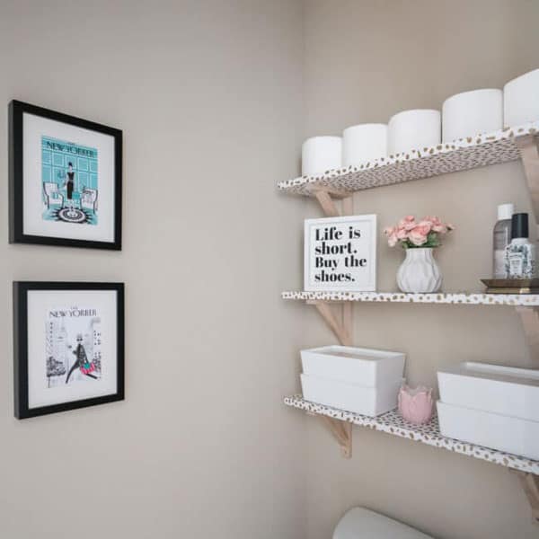 diy mdf bathroom shelves covered in contact paper with brackets by Polished Habitat