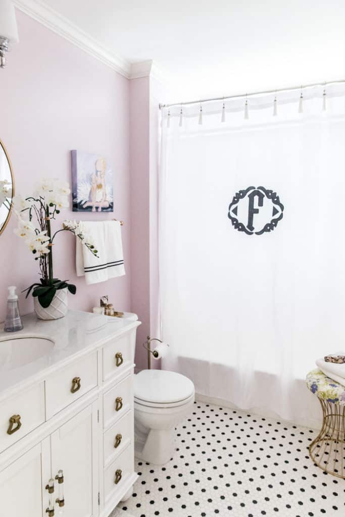 lilac painted girls bathroom and monogrammed shower curtain