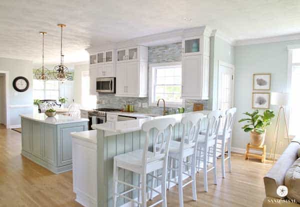 Sherwin Williams Sea Salt kitchen and cabinets and living room- Sand and Sisal