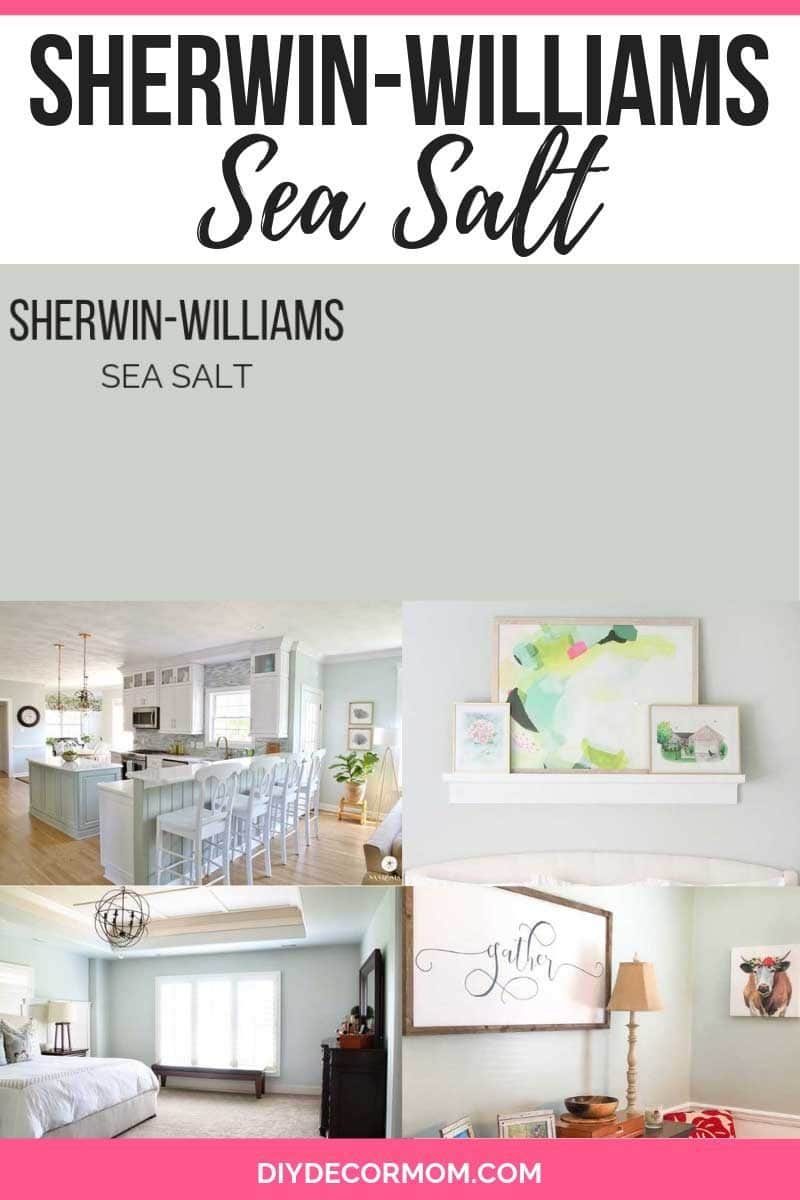 Sherwin Williams Sea Salt paint color swatch and kitchen bedroom and bathroom