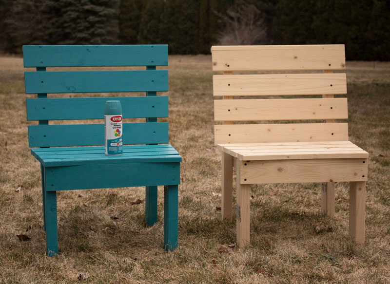 two spray painted diy fire pit chairs that make a bench