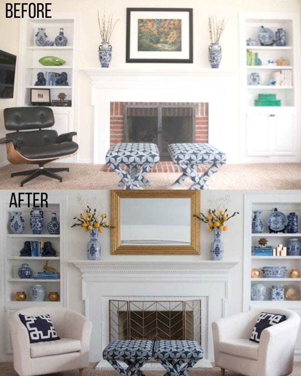 two fireplace vignettes with built ins styled two different ways showing common interior design mistakes and proper furniture arrangement tips