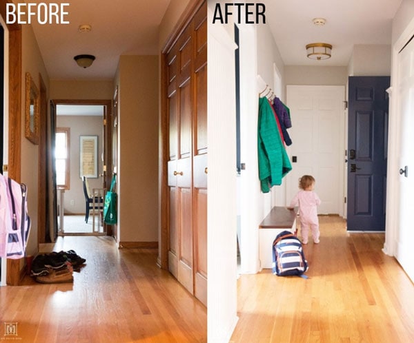 before and after painting a mudroom dark hallway bright white and gray