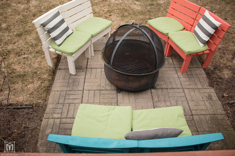 three diy fire pit benches with curved slats made out of lumber