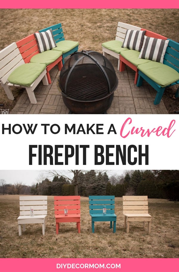 diy fire pit bench curved with cushions and colorful pillows