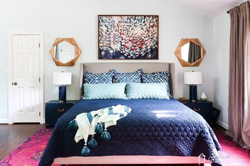 master bedroom with area rug by Kaleidoscope Living