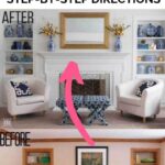 before and after decorated bookshelves by fireplace builtins