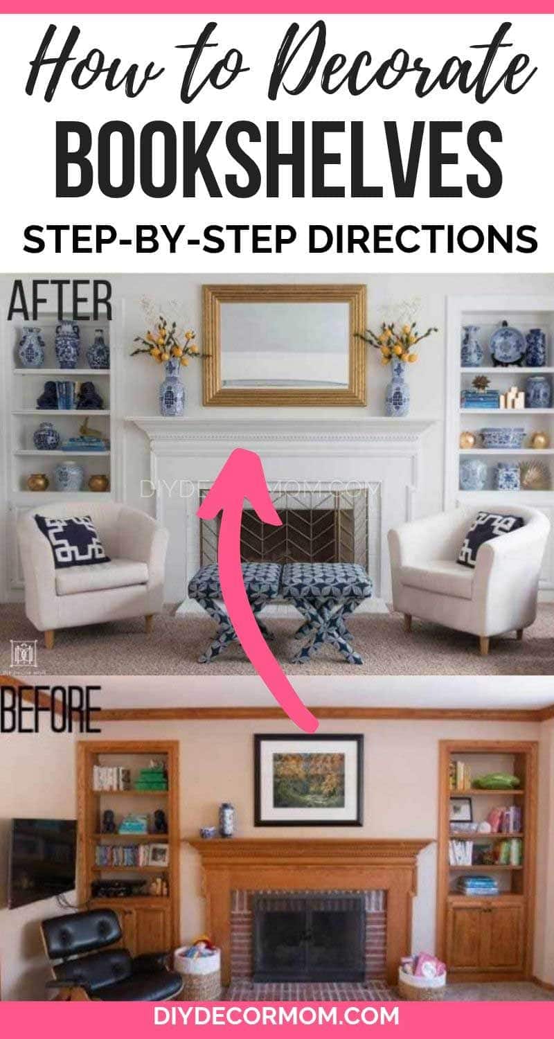 before and after decorated bookshelves by fireplace builtins