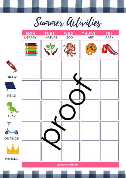 summer activities and schedule printable chart for young children