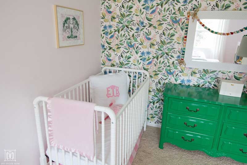 light pink and green little girls bedroom with monogram bedding