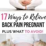 pregnant lady with back pain tries to lessen it through prenatal yoga and stretching