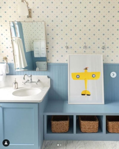 blue trimmed beadboard bathroom by alexander interiors nashville