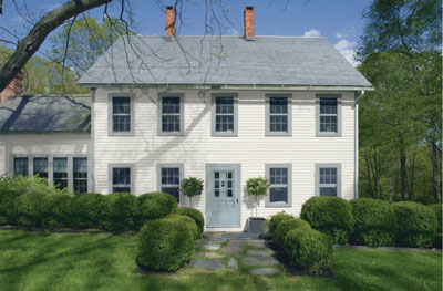 bm santorini blue front door with white dove cedar siding