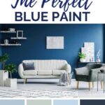blue gray living room with blue gray paint chips underneath sofa