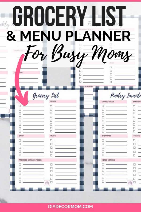 printable grocery list by categories with a menu plan