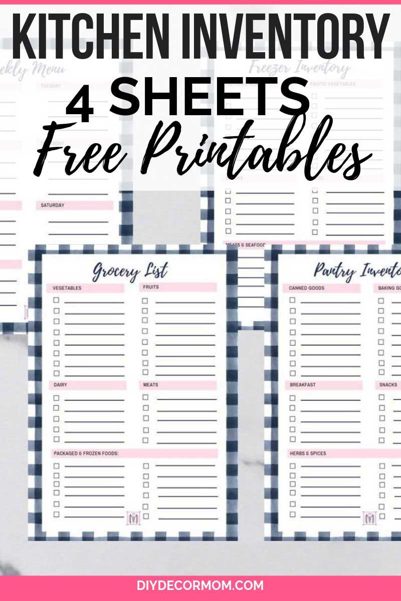 kitchen inventory free printable with pantry inventory, freezer inventory, grocery list, and weekly menu plan sheets