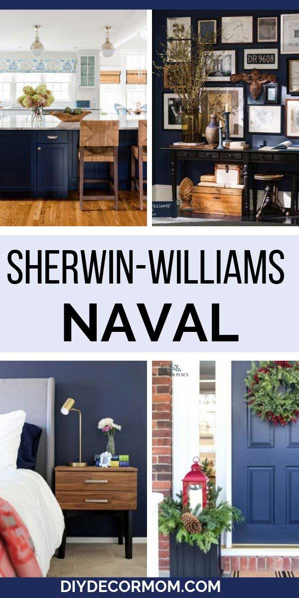 Sherwin-Williams Naval painted walls, doors, kitchen island, and cabinets