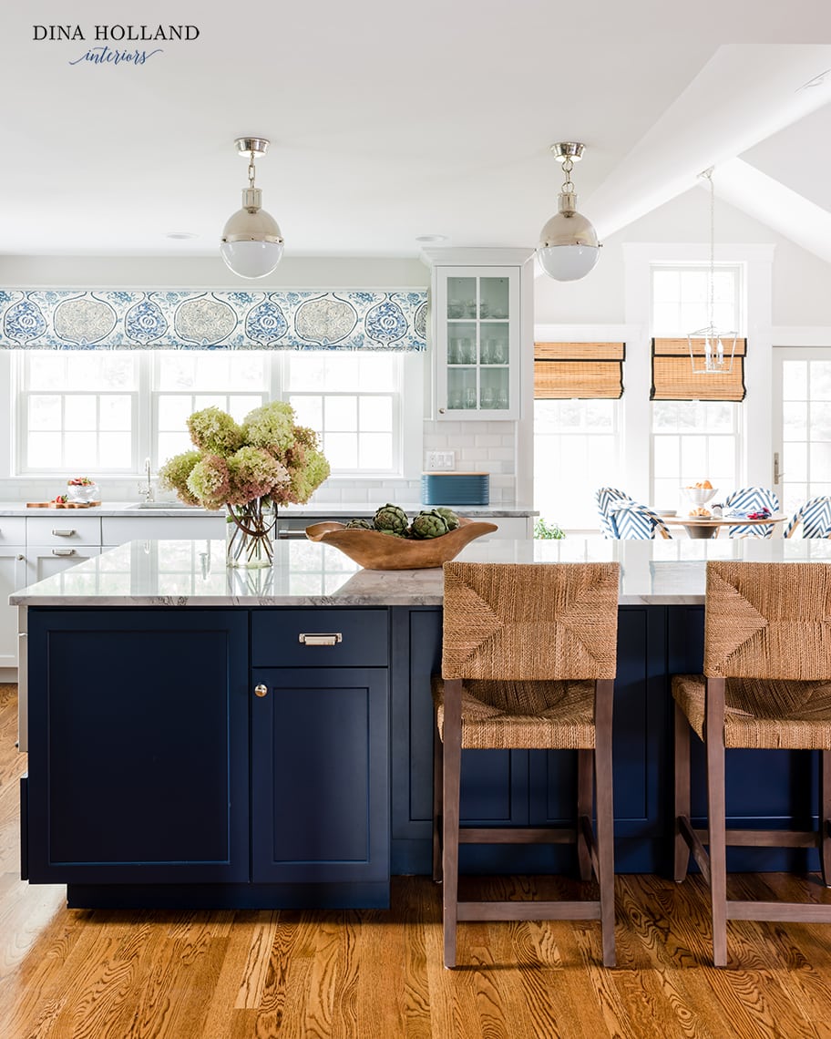 SW Naval Kitchen Island with natural woven counter stools- design by Dina Holland Interiors pics by Jessica DeLaney