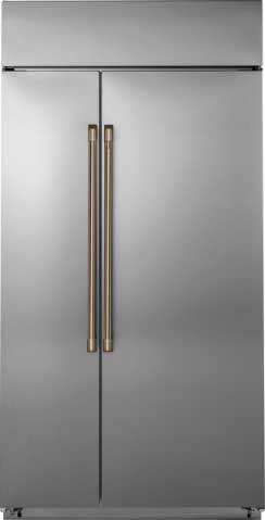 stainless steel refrigerator with gold hardware