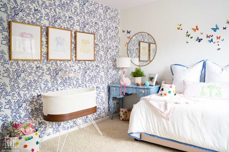 beautiful blue and white wallpaper in nursery baby girl room decor ideas