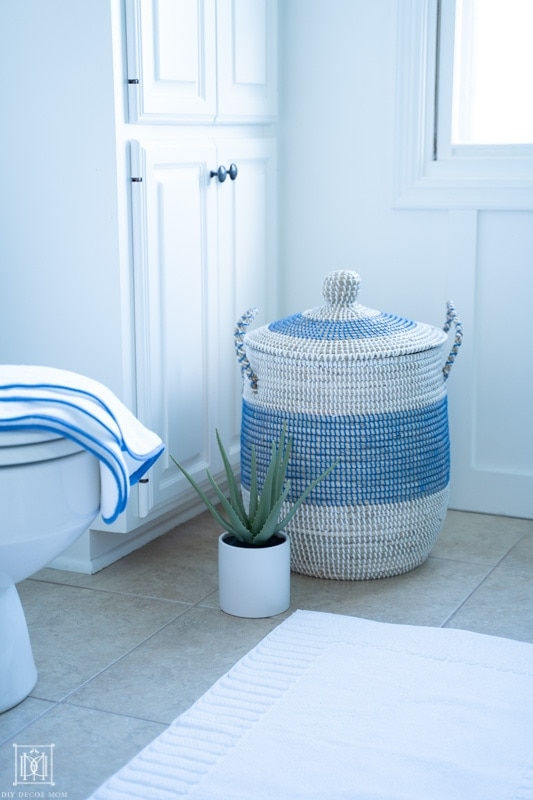 beautiful blue and white woven basket in guest bathroom with aloe vera plant and white bath mat