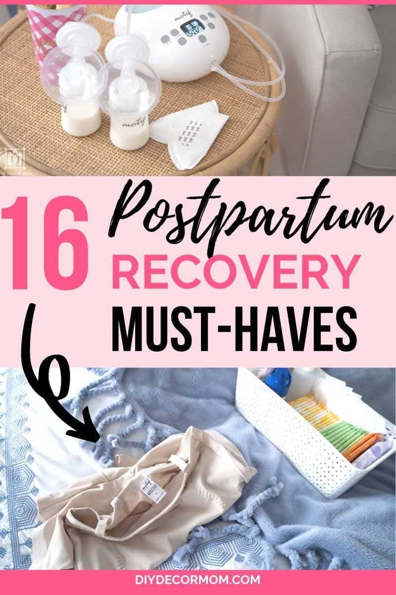 pumping supplies, postpartum support garment, and other postpartum recovery supplies on top of a bed
