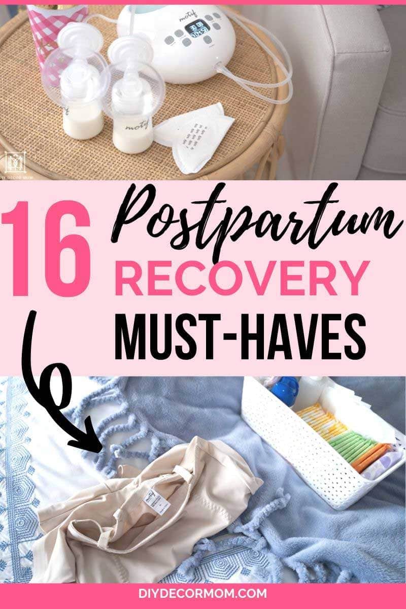 pumping supplies, postpartum support garment, and other postpartum recovery supplies on top of a bed