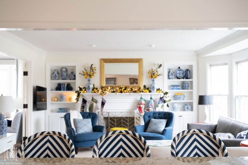 blue and white stools at kitchen counter granite