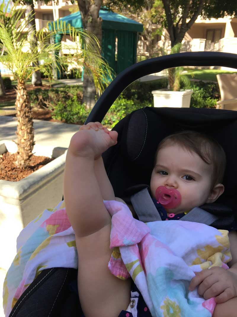 baby in stroller poolside in california