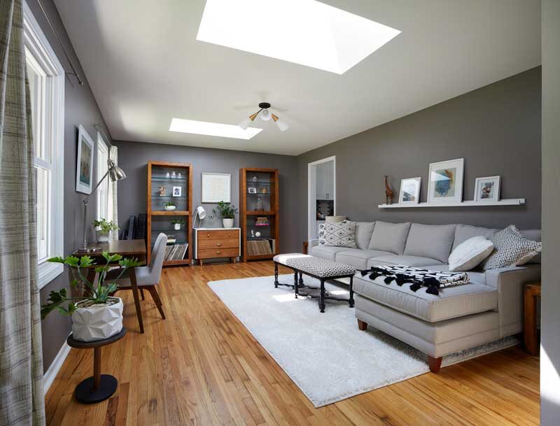 gray living room with skylights