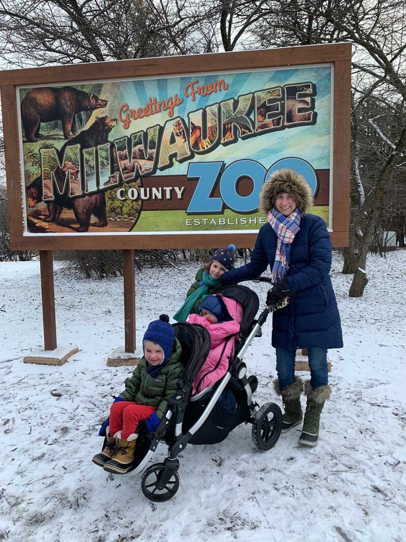 mom pushing stroller with three kids in snow