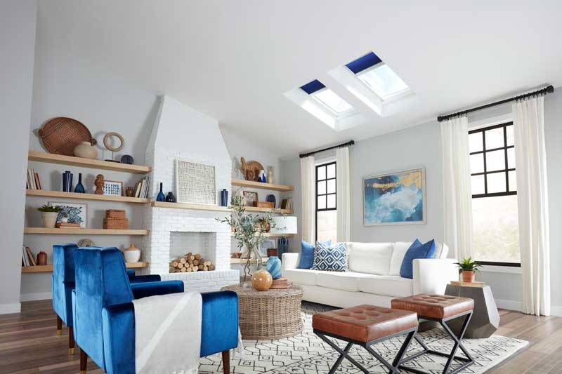 bright white airy living room with VELUX skylights