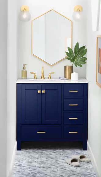 blue bathroom vanity with gold hardware