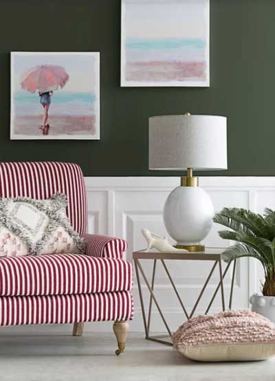 green earthy paint colors in living room with white board and batten paneling