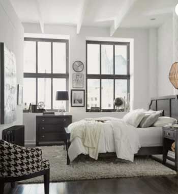 industrial bedroom decor and furniture with white walls