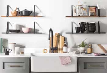 white kitchen walls with industrial shelving