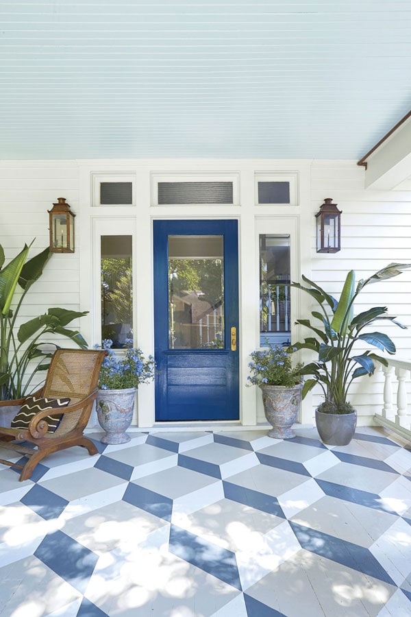 SW Indigo porch door with geometric painted porch floor and light blue ceiling