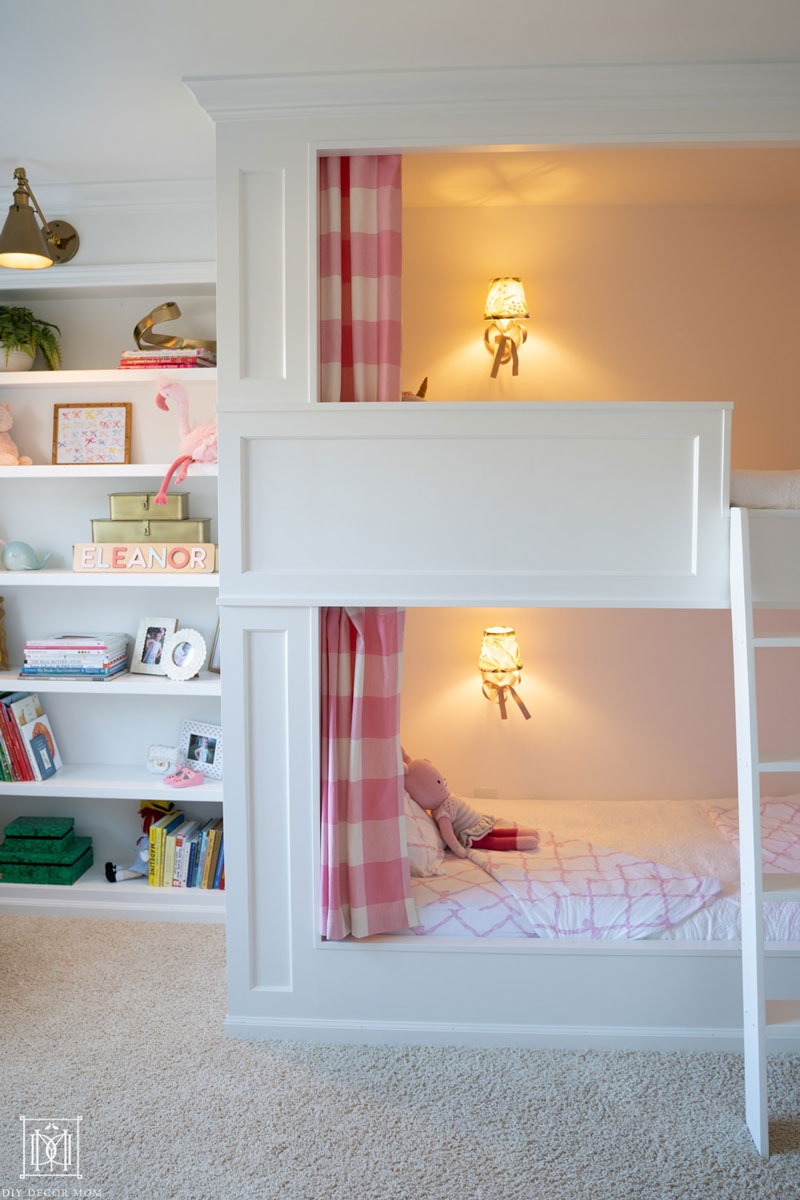 diy bunk bed built-in beds in girls bedroom with bookcase and bunk bed curtains and lights