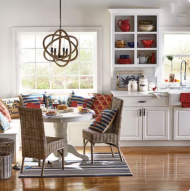 coastal kitchen with white cabinets and nautical sea grass decor