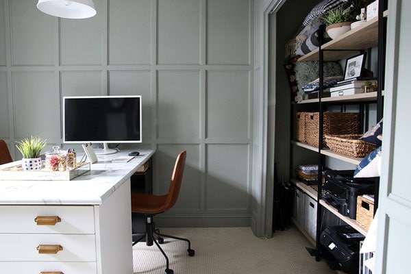 green gray painted walls in home office- chris loves julia