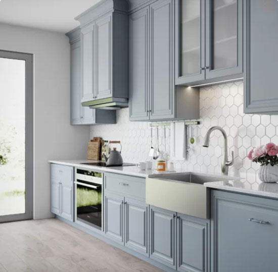 grayish blue kitchen cabinets with hex tile backsplash in kitchen