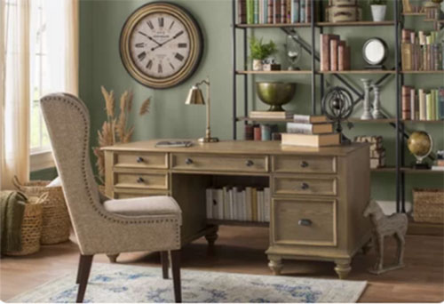 green home office with large clock