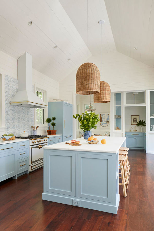 grayish-blue kitchen cabinets