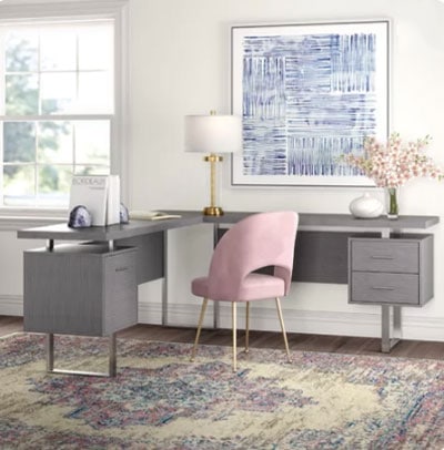 light gray office walls with pink desk chair