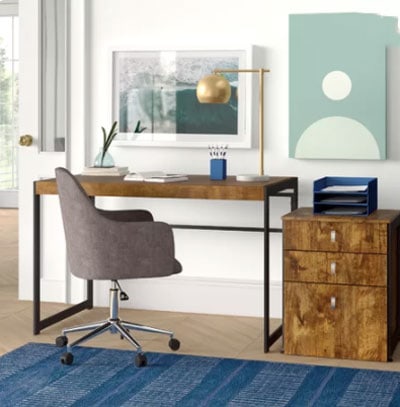 white office with modern industrial wood desk